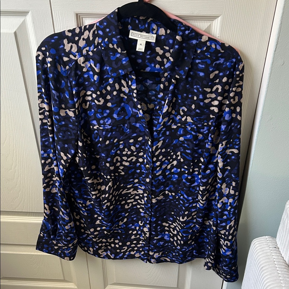 Dana Buchman Black, Blue and Cream Printed Button-Down Shirt